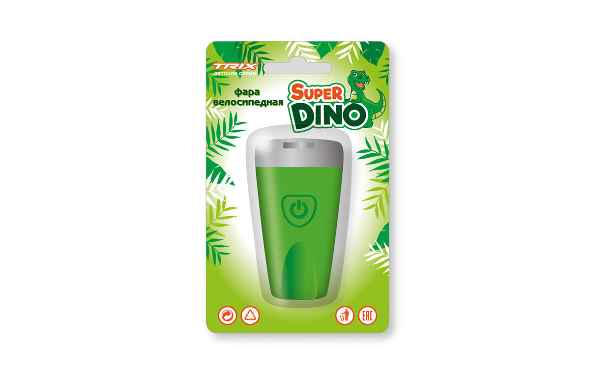 Фара TRIX Super Dino детская, передняя, 1 супер яркий белый диод, линза,3 режима, силикон, зеленая (